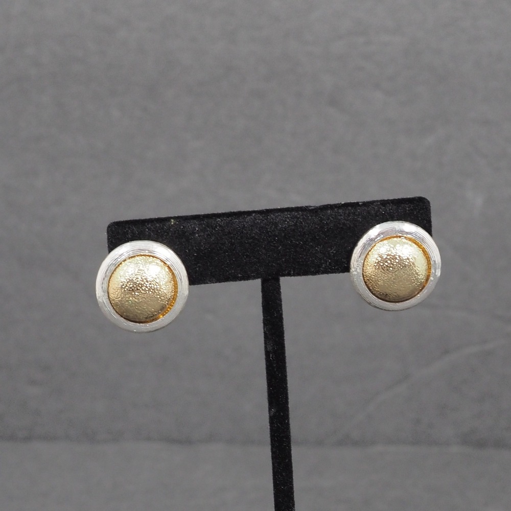 Monet Two Tone Button Earrings Pierced Round Ridged Hammered Textured Vintage